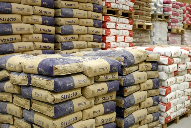 Stacked cement bags ready for delivery to a construction site